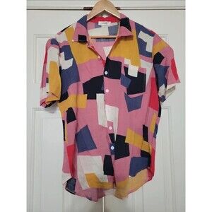 ChArmkpR Men's Abstract Geometric Retro Print Rayon Button Down Shirt – Size Lg